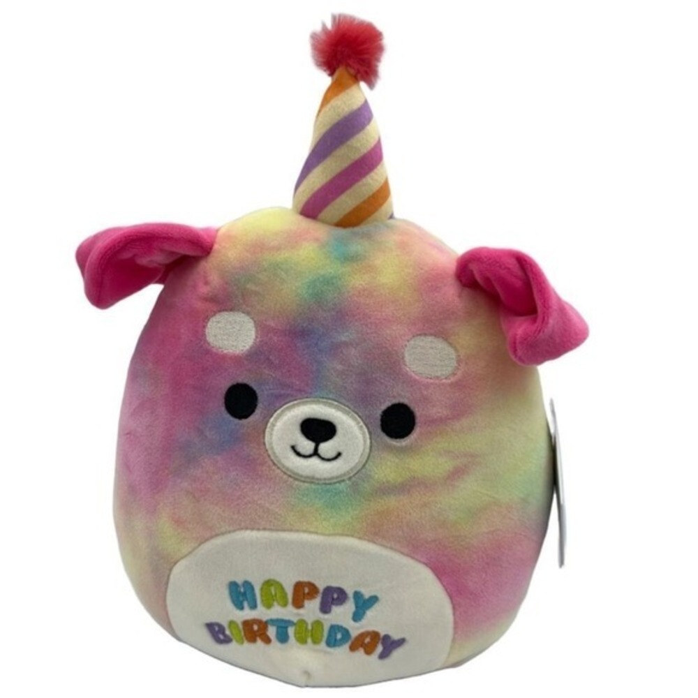 Squishmallows 8" Delenne the Dog Happy Birthday Rainbow Tie Dye Plush NEW
